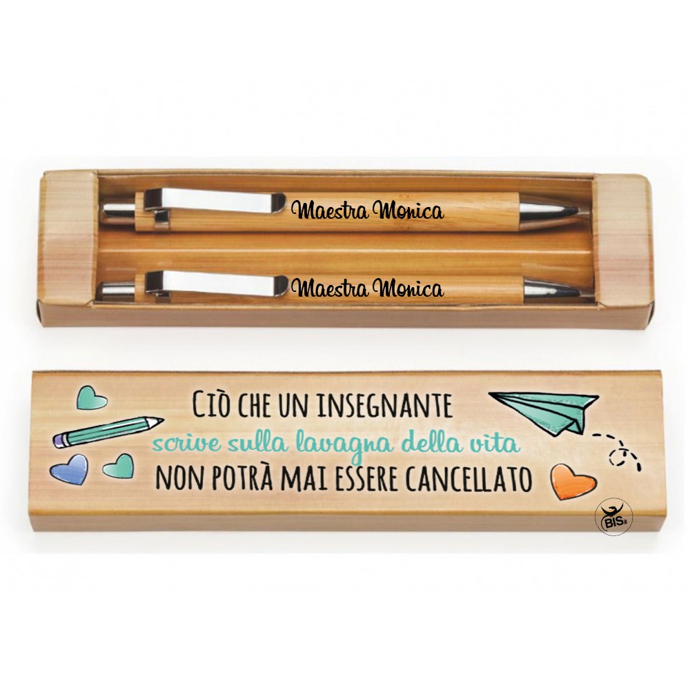 Set penna e matita in bamboo con grafica "Insegnante" e frase personalizzabile