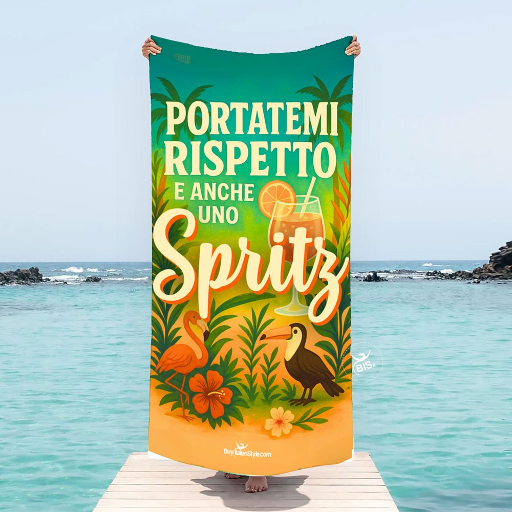 Telo Mare Ironico “Portatemi rispetto e anche uno Spritz” - Microfibra Telo Mare Ironico “Portatemi rispetto e anche uno Spritz” - Microfibra