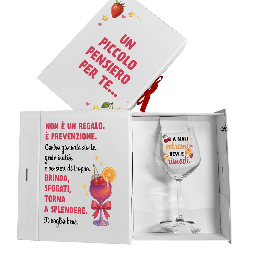 Regalo originale per amica o collega – Gift Box con calice “Bevi e rim