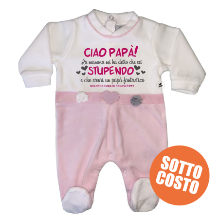 Tutina neonata in ciniglia, con fiori e cuori applicati, "Ciao Papà!"