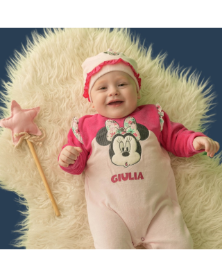 Tutina neonata ciniglia "Minnie Flowers" da personalizzare con nome