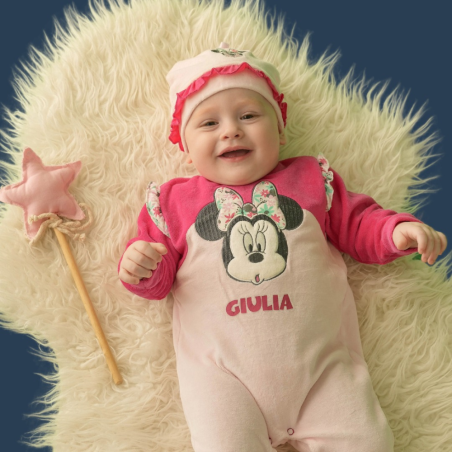 Tutina neonata ciniglia "Minnie Flowers" da personalizzare con nome