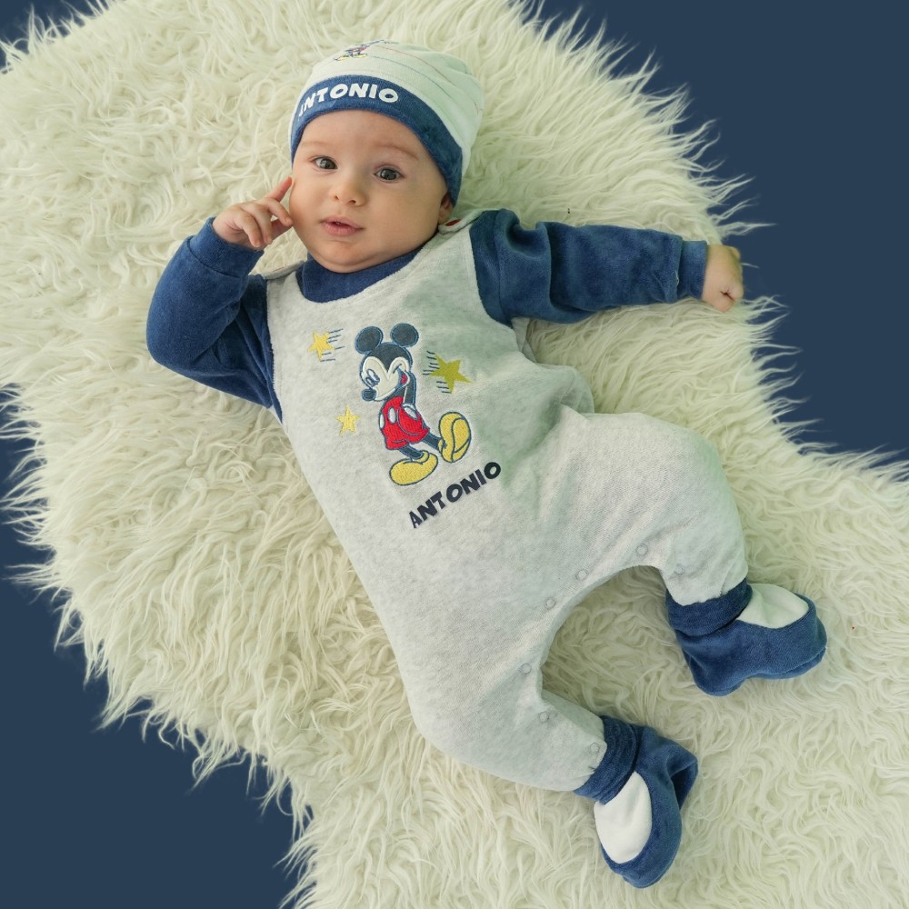Tutina neonato ciniglia "Topolino Star" finta salopette da personalizz Tutina neonato ciniglia "Topolino Star" finta salopette da personalizz