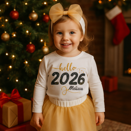 Maglia bimba manica lunga, "Hello 2023", personalizzabile con nome