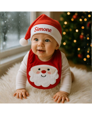Set cappellino e bavaglino Babbo Natale con nome