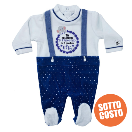 Tutina in ciniglia con bretelle "Tu mi cambi il pannolino io ti cambio
