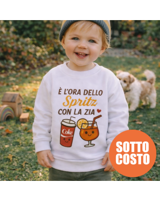 Felpa bambino ironica “È l’ora dello Spritz con la zia”. Morbida, divertente e perfetta come regalo per la zia. Scopri l’idea re
