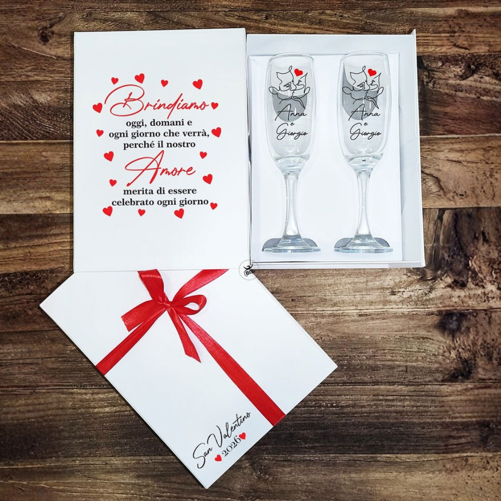 Scatola regalo personalizzata con 2 calici da champagne o prosecco - P