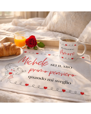 Kit regalo Tovaglietta in tessuto + Tazza "Buongiorno Amore" da personalizzare