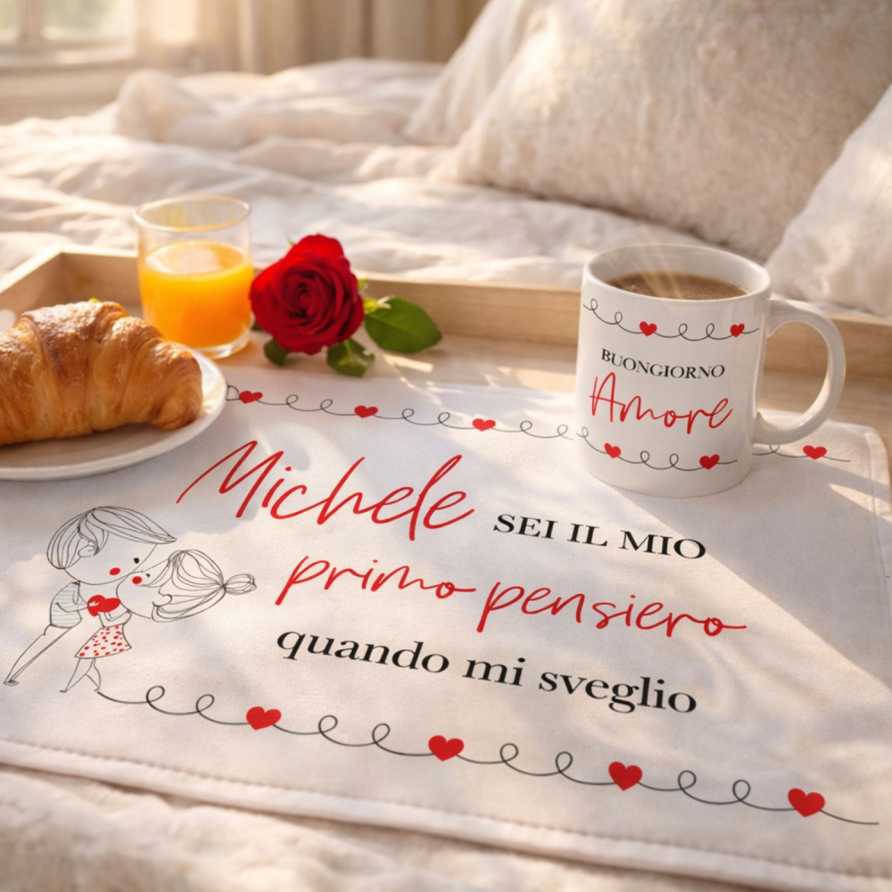 Kit regalo Tovaglietta in tessuto + Tazza "Buongiorno Amore" da personalizzare