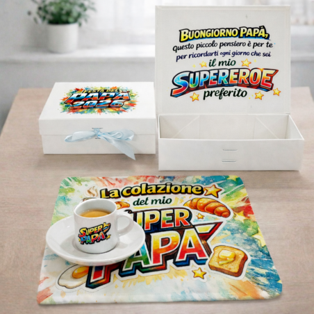 Scatola Regalo “Colazione da Super Papà” – con Tovaglietta e Tazza o Tazzina | Festa del Papà