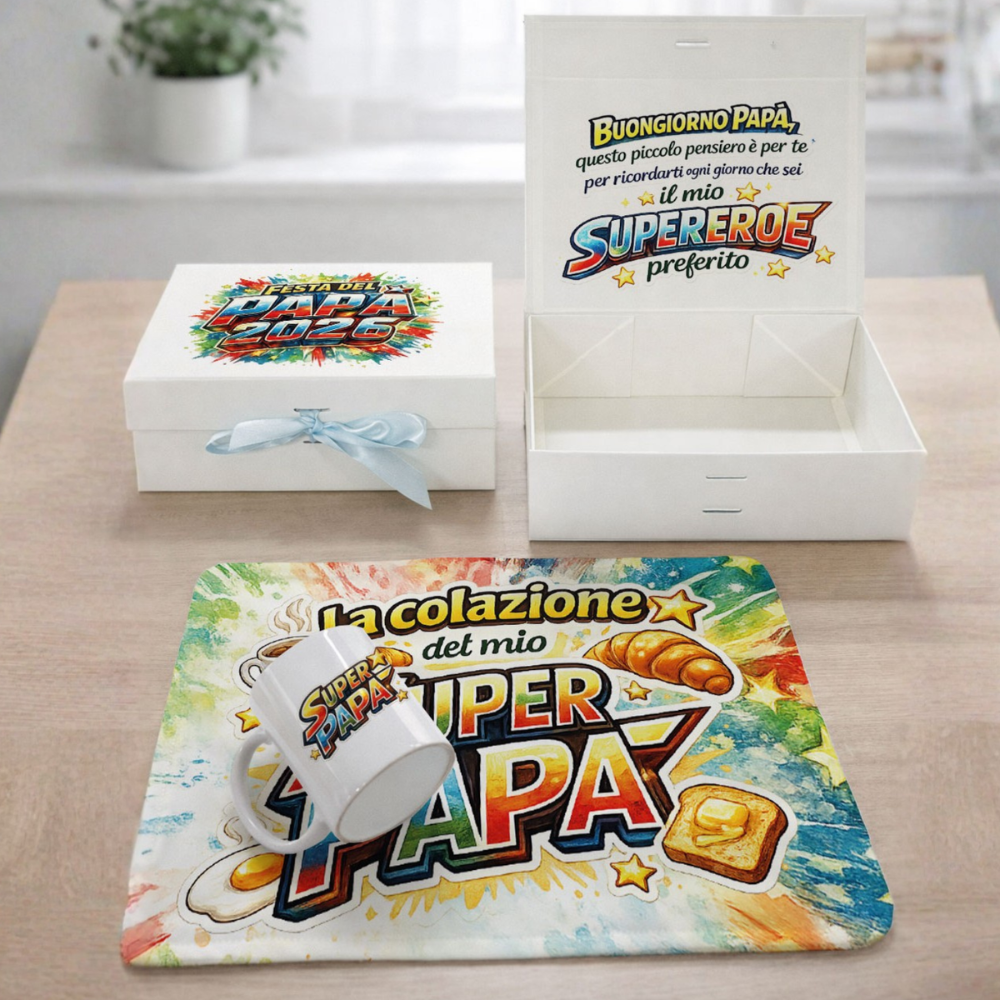 Scatola Regalo “Colazione da Super Papà” – con Tovaglietta e Tazza o Tazzina | Festa del Papà