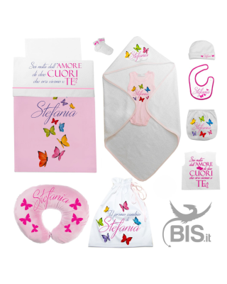 Corredo neonata con motivi farfalle colorate personalizzato con nome