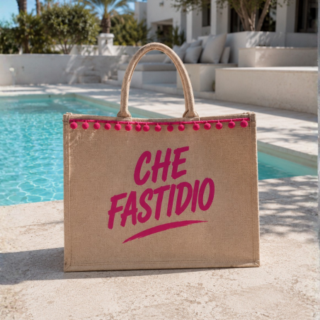 Borsa Grande Donna "Che Fastidio" in Juta Naturale con Pon Pon Fucsia