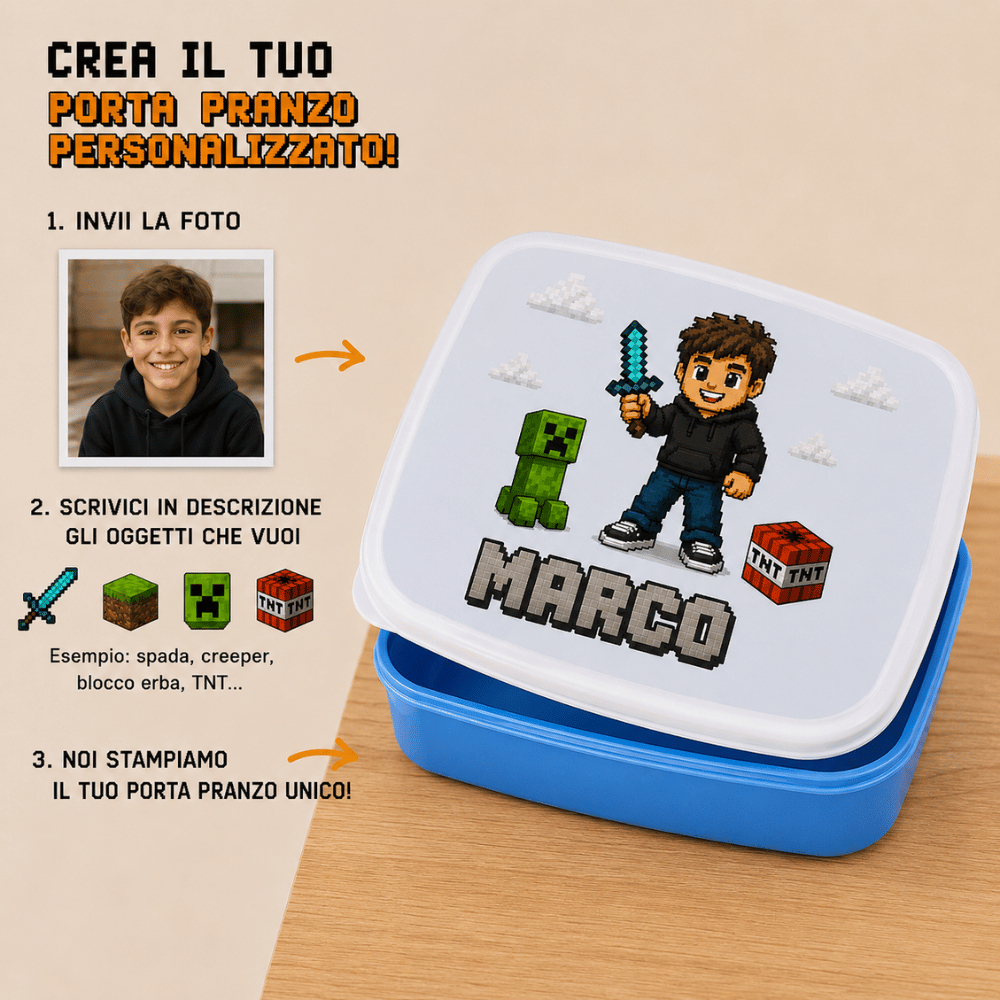 Porta Pranzo Personalizzato PixelMe con Foto, Nome ed Elementi | Lunch Box Bambini