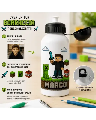 Borraccia i alluminio Personalizzata PixelMe con Foto, Nome ed Elementi | 500 ml