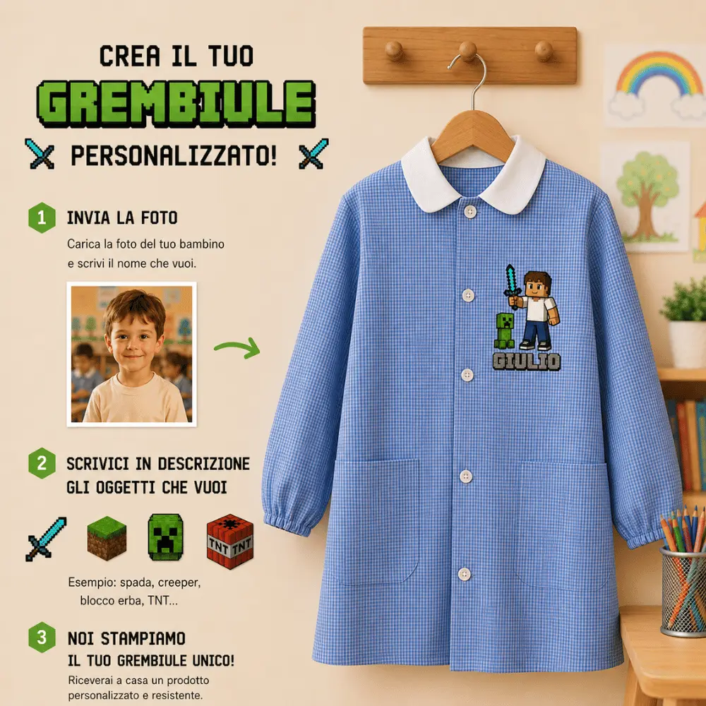 Grembiule Personalizzato PixelMe con Foto, Nome ed Elementi | Scuola Materna e Asilo