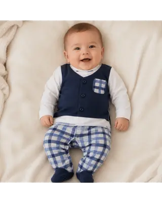 Tutina neonato estiva con gillet con taschino e pantaloni a quadri