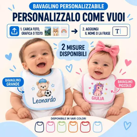 Bavaglino neonato personalizzabile con foto nome e grafica in due misure