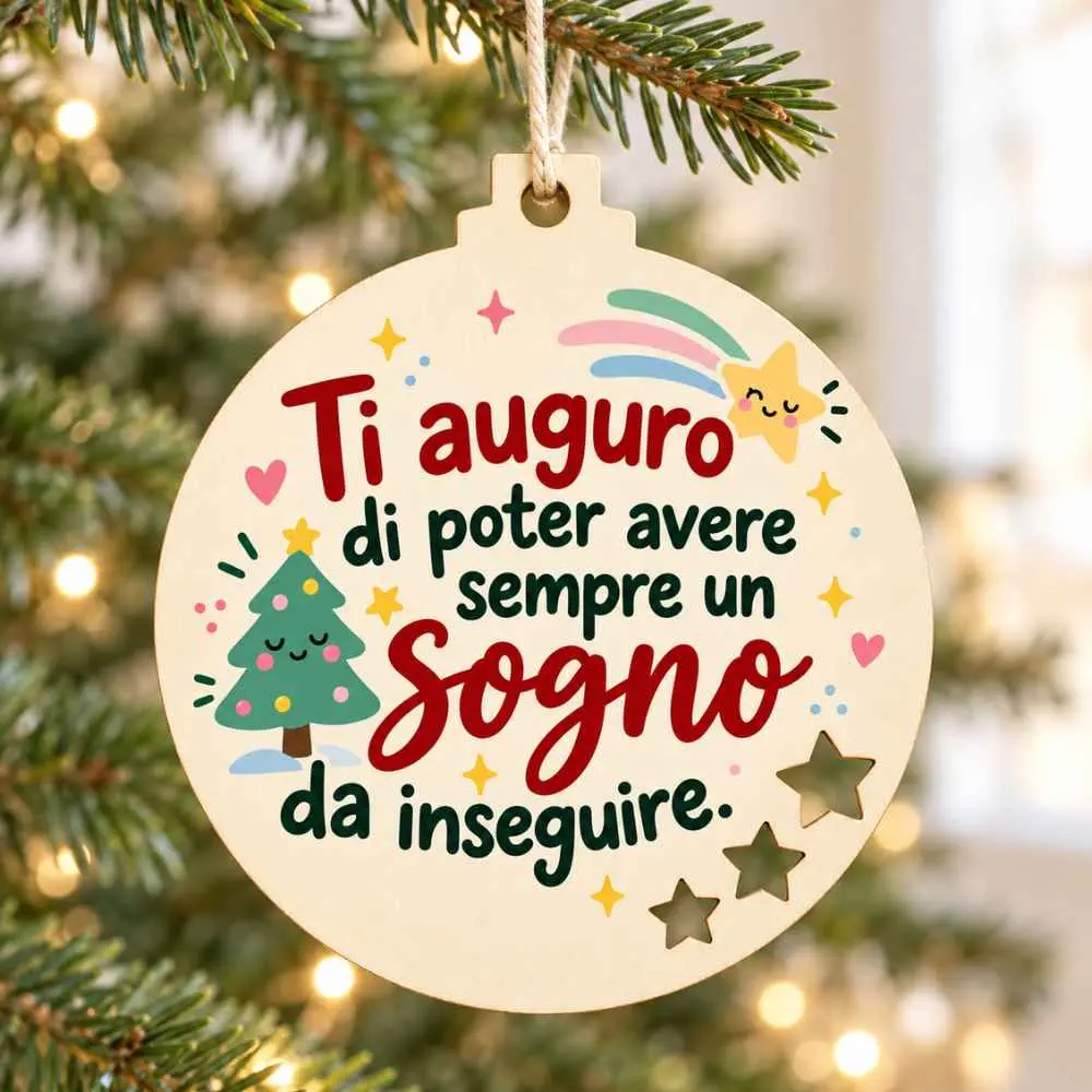 Addobbo Natale con augurio “Ti auguro di poter avere sempre un sogno da inseguire”, alberello colorato e stelle traforate