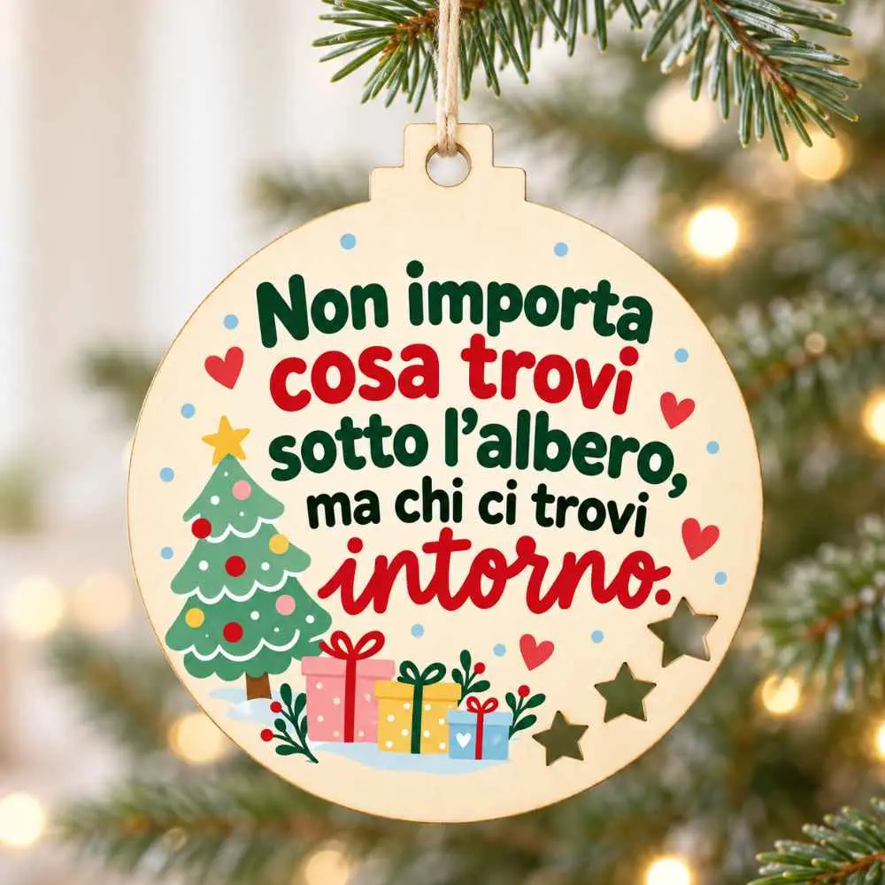 Addobbo natalizio con frase “Non importa cosa trovi sotto l’albero, ma chi ci trovi intorno”, albero e pacchetti colorati