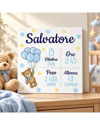 Quadro nascita personalizzato Teddy Collection con nome, dati di nascita, orsetto e palloncini azzurri.