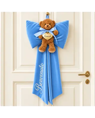 Fiocco nascita azzurro in velluto con orsetto e cuore personalizzato con nome Leonardo.