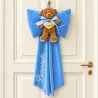Fiocco nascita azzurro in velluto con orsetto e cuore personalizzato con nome Leonardo.