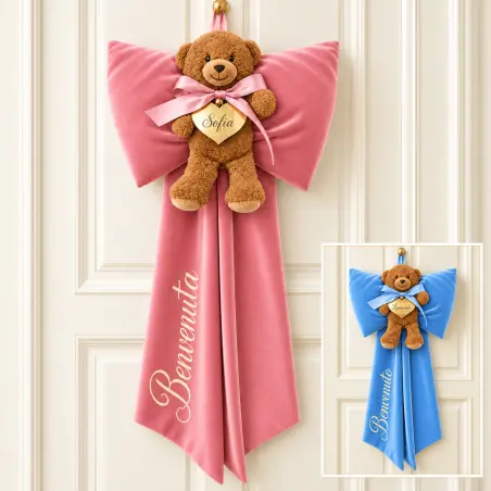 Fiocco nascita rosa in velluto con orsetto e cuore in plexiglass personalizzato con nome Sofia.