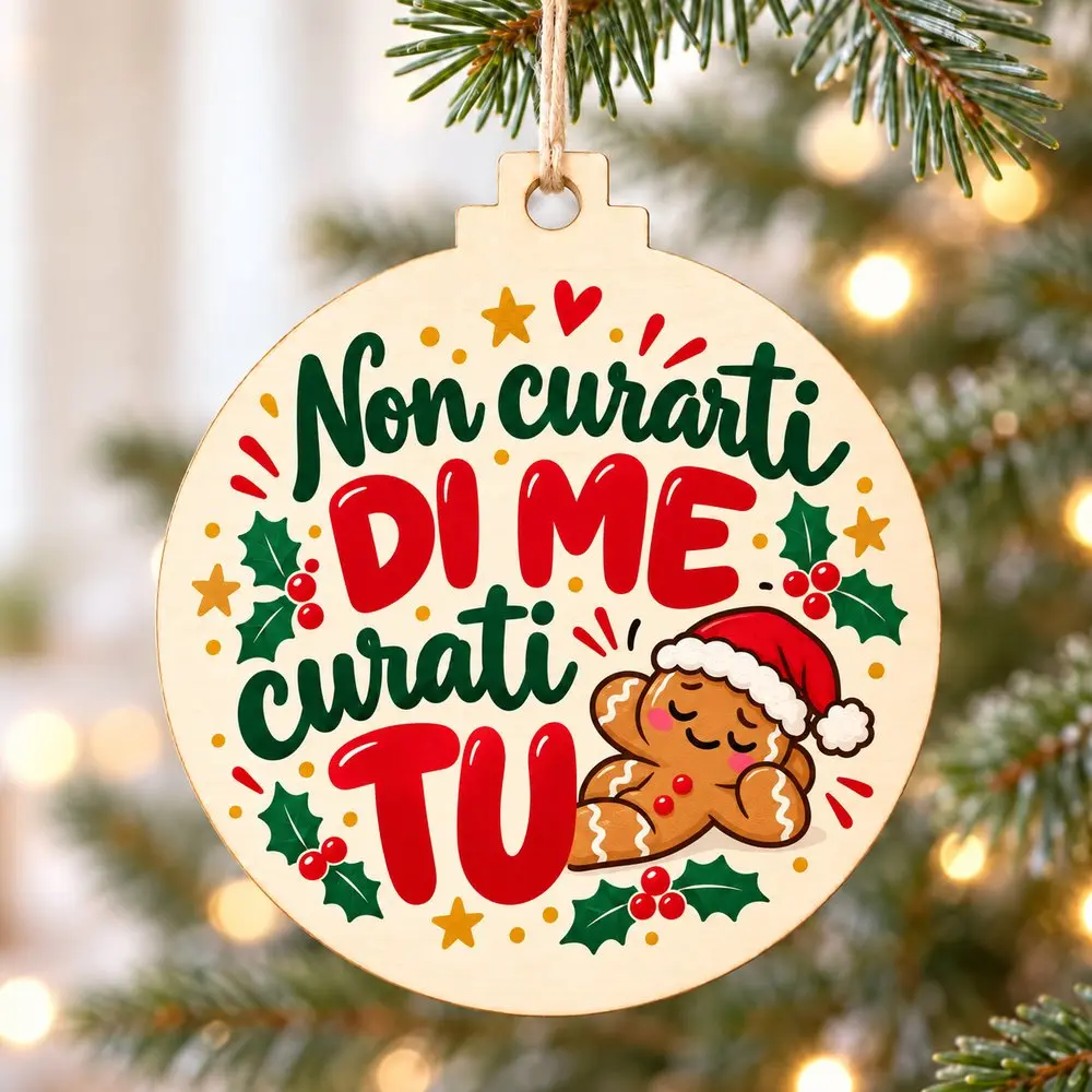 Pallina natalizia in legno con scritta Non curarti di me, curati tu
