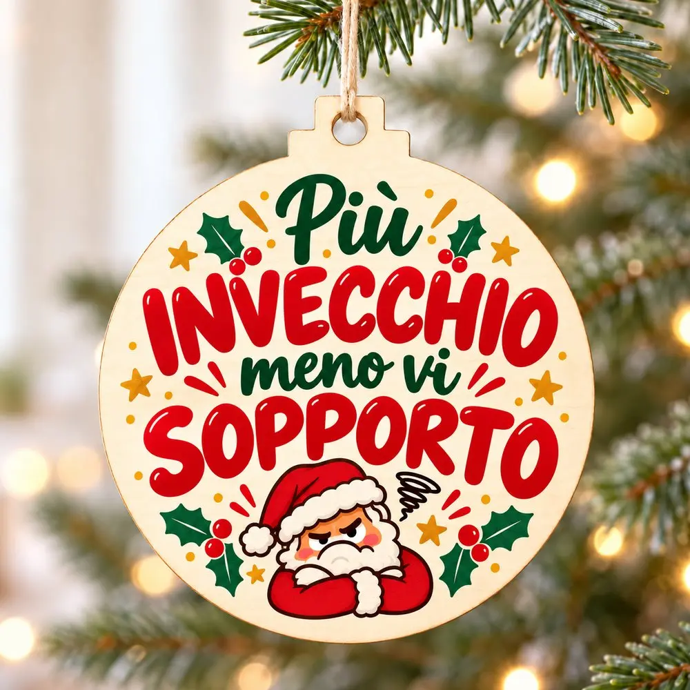 Pallina di Natale in legno con frase Più invecchio, meno vi sopporto