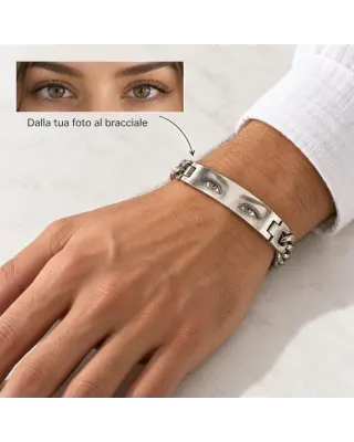 Bracciale con occhi incisi su polso maschile e riquadro della fotografia usata come esempio di personalizzazione.