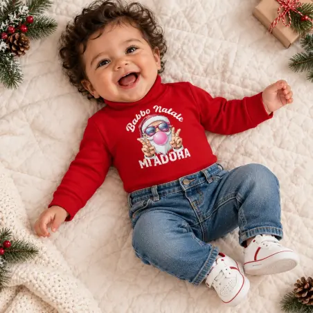 Neonato con body lupetto rosso Babbo Natale mi adora, abbinato a jeans blu e scarpine bianche