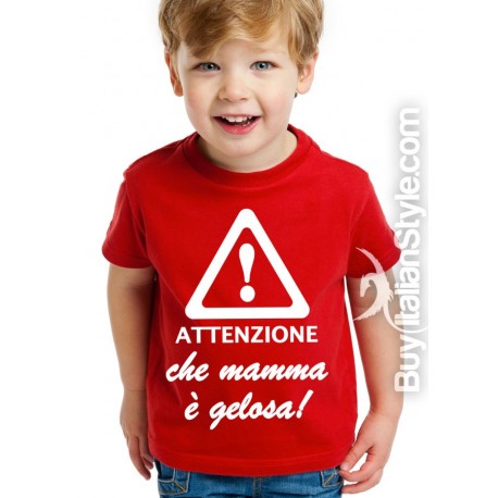 T-shirt bimbo manica corta "Attenzione che mamma è gelosa"