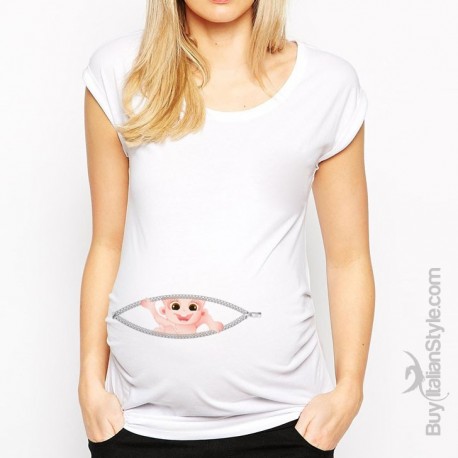 T-shirt premaman manica corta "Bimbo che esce dalla zip"