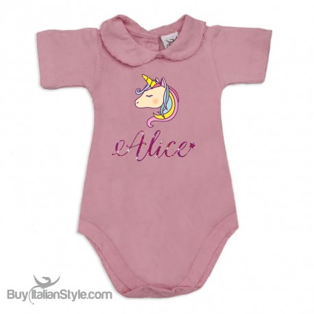 Body neonata colletto con finitura in pizzo  personalizzabile "unicorno e nome"